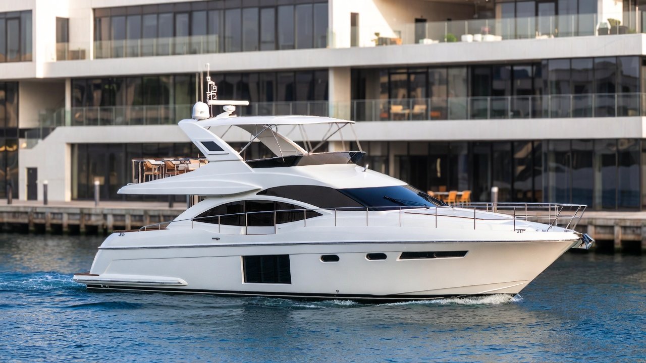 56ft luxury yacht charter Dubai Harbour — boat rental for 20 guests with full crew and BBQ