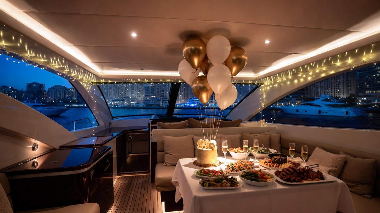 Birthday party celebration on a luxury yacht in Dubai Marina with LED lights, BBQ and decorations